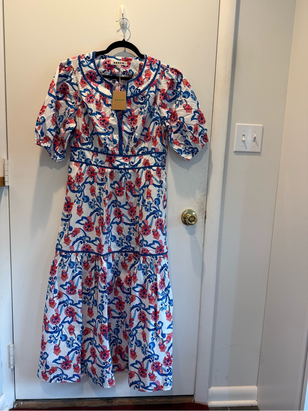 Boden White Maxi Dress with Blue and Red Floral Motif